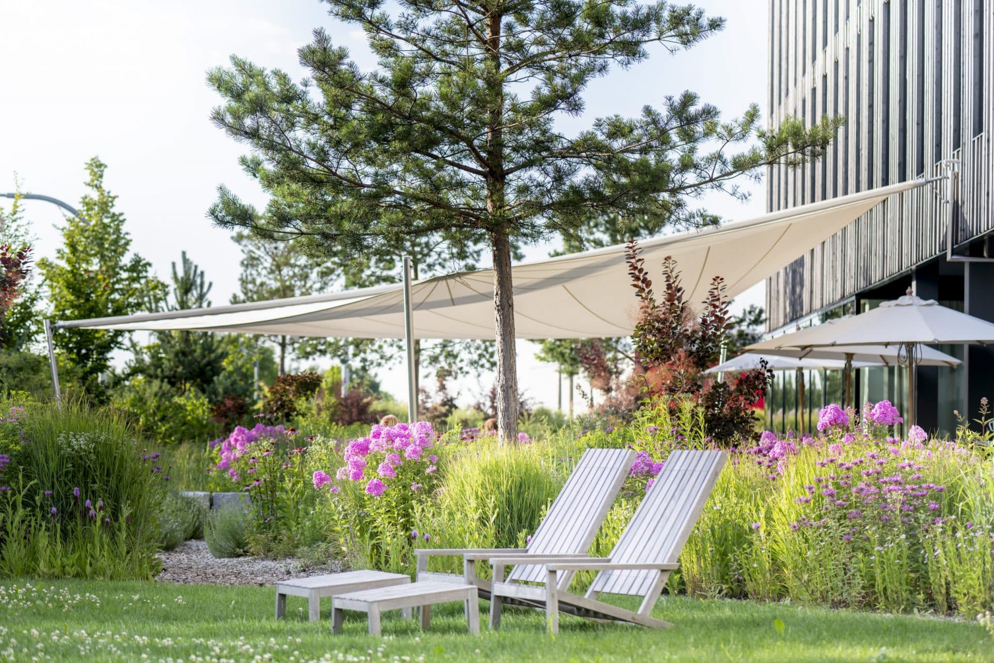 Garten mit Sonnenliegen im Hotel Bader