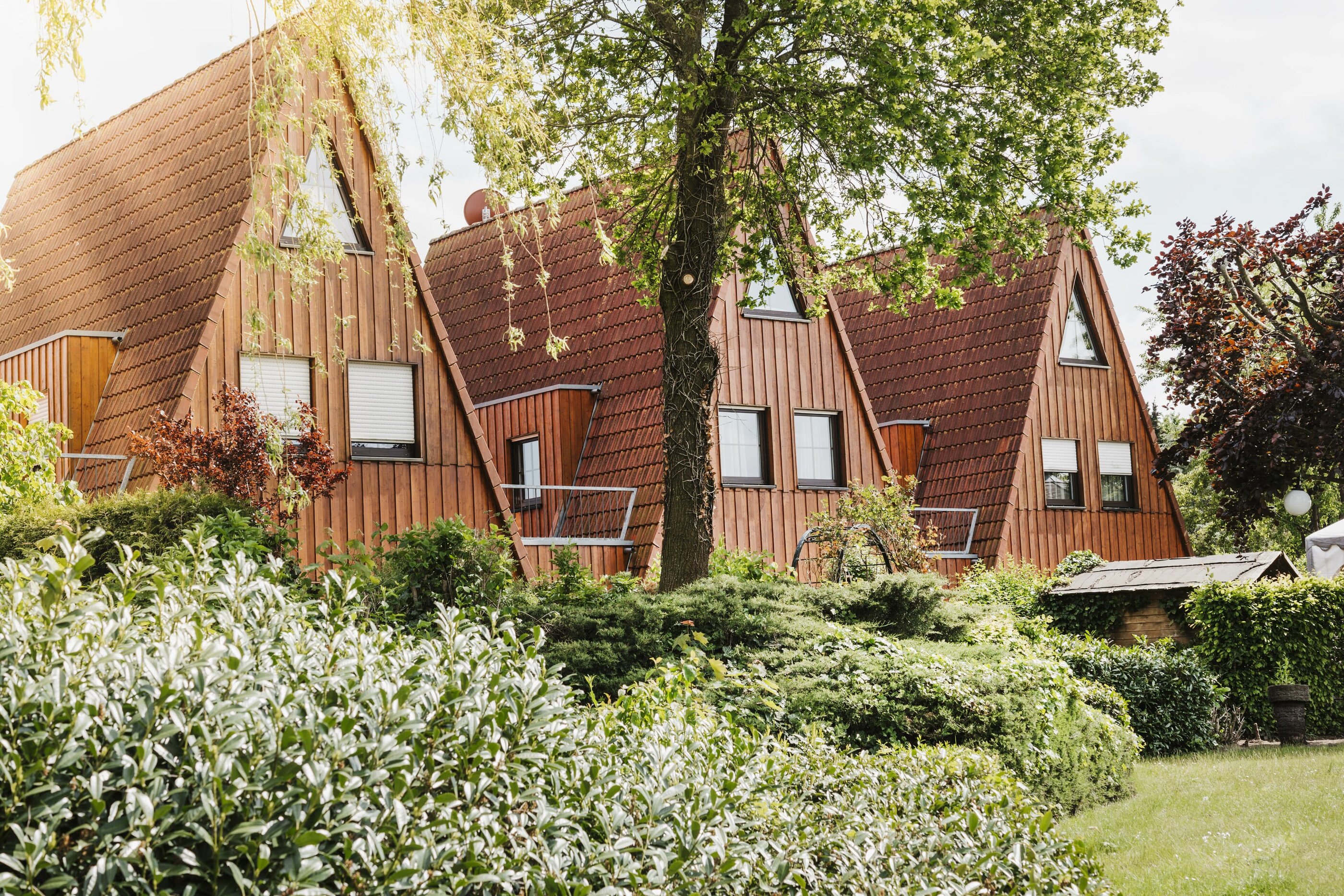 Außenansicht von drei der Ferienhäuser des Seehotel Gronau