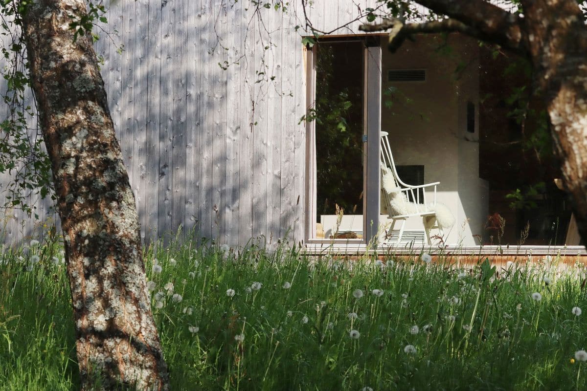 Blick über die Wiese in den Wohnraum