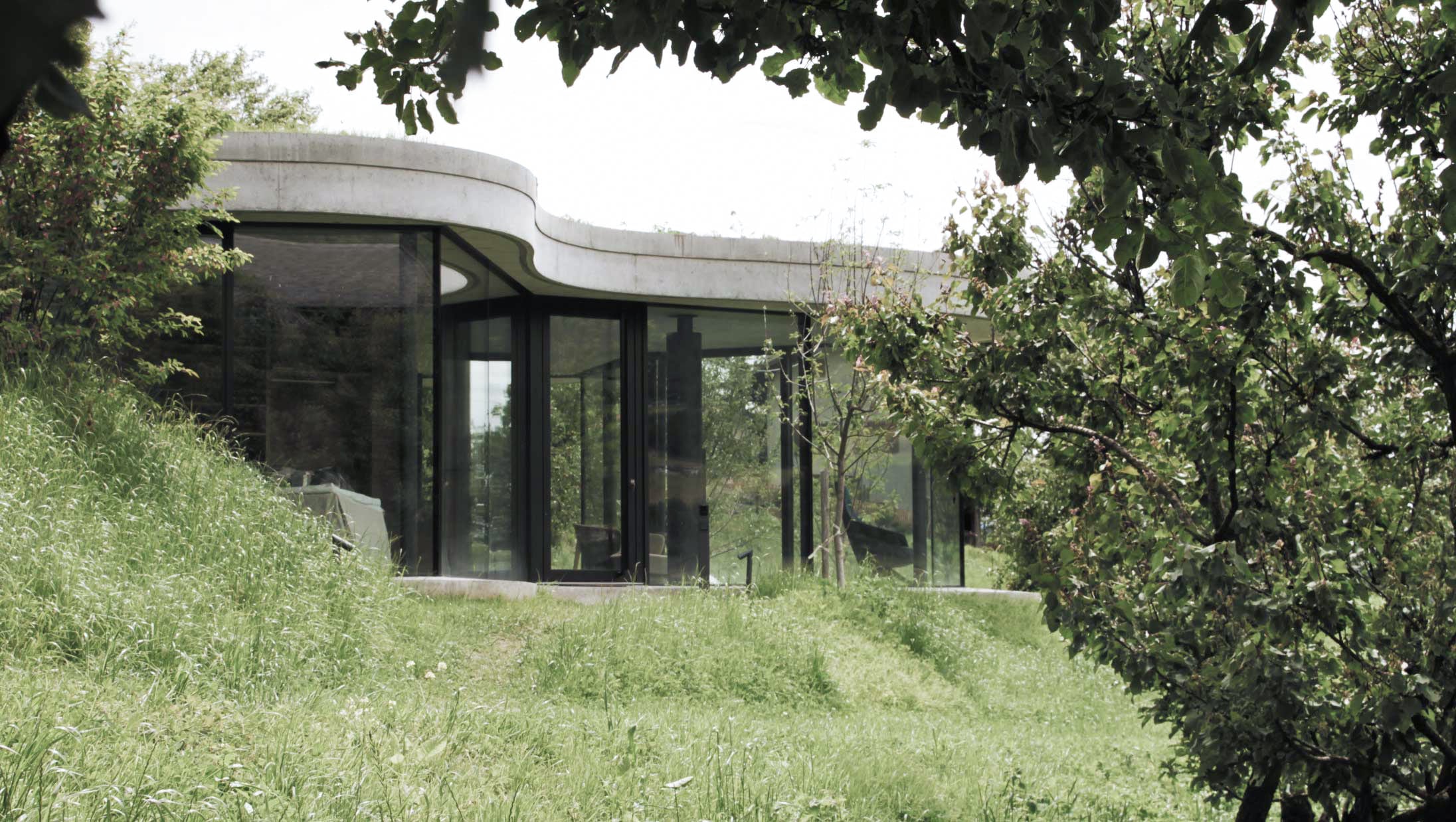 Blick auf die geschwungene Glasfassade des Gästehaus Freiform