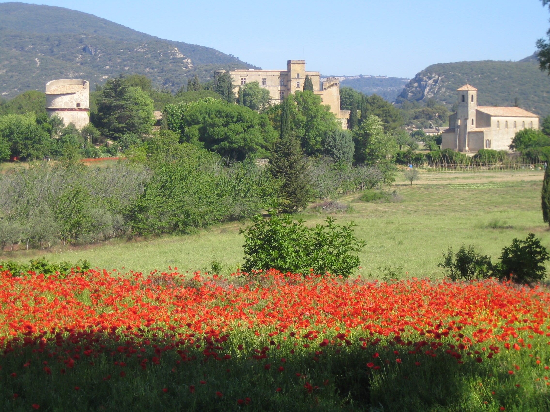 Ausblick über Wiesen auf die Stadt, Le Pigeonnier