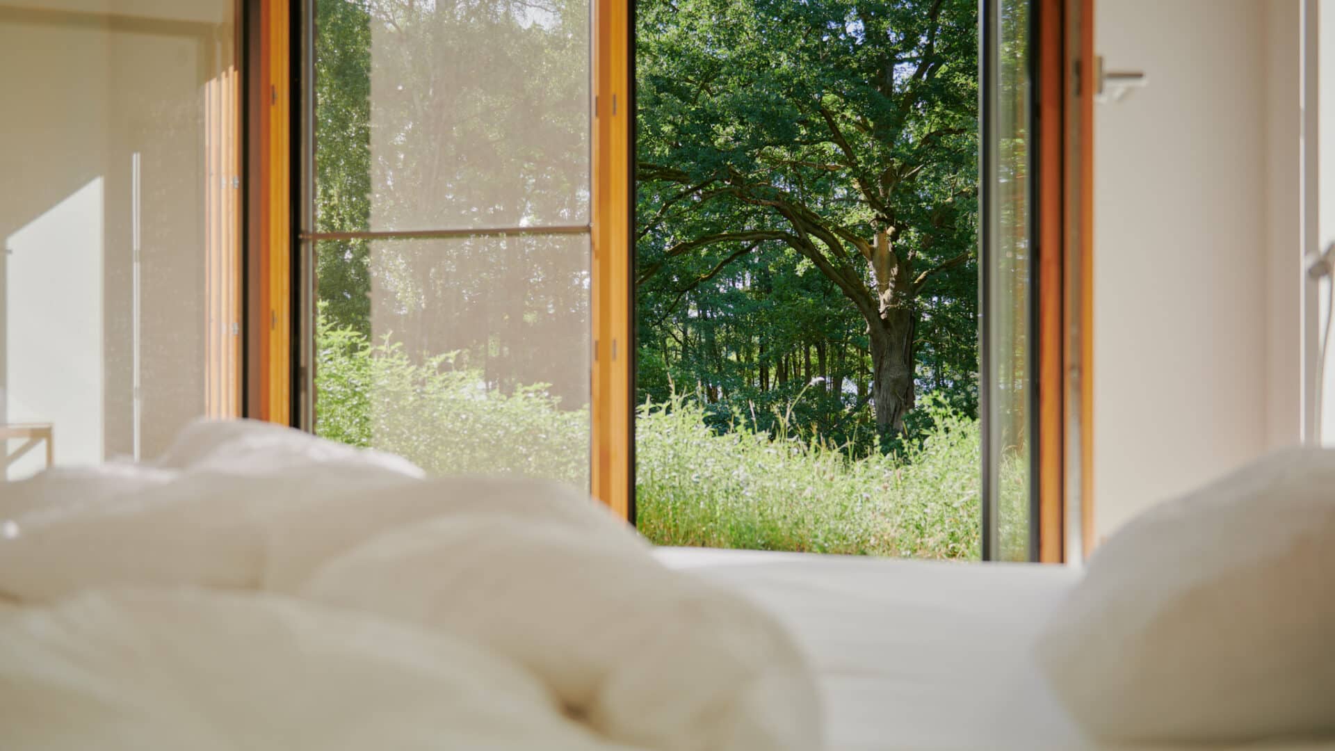Blicke aus dem Bett mit geöffneter Terrassentür