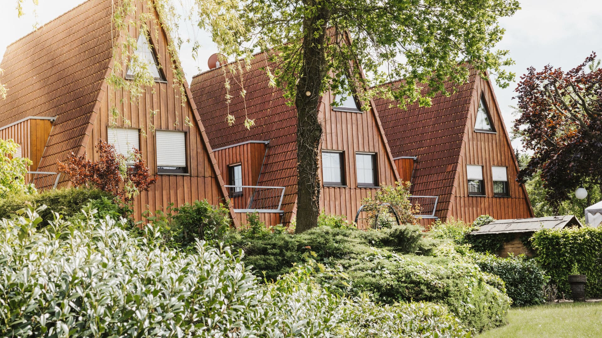 Außenansicht von drei der Ferienhäuser des Seehotel Gronau