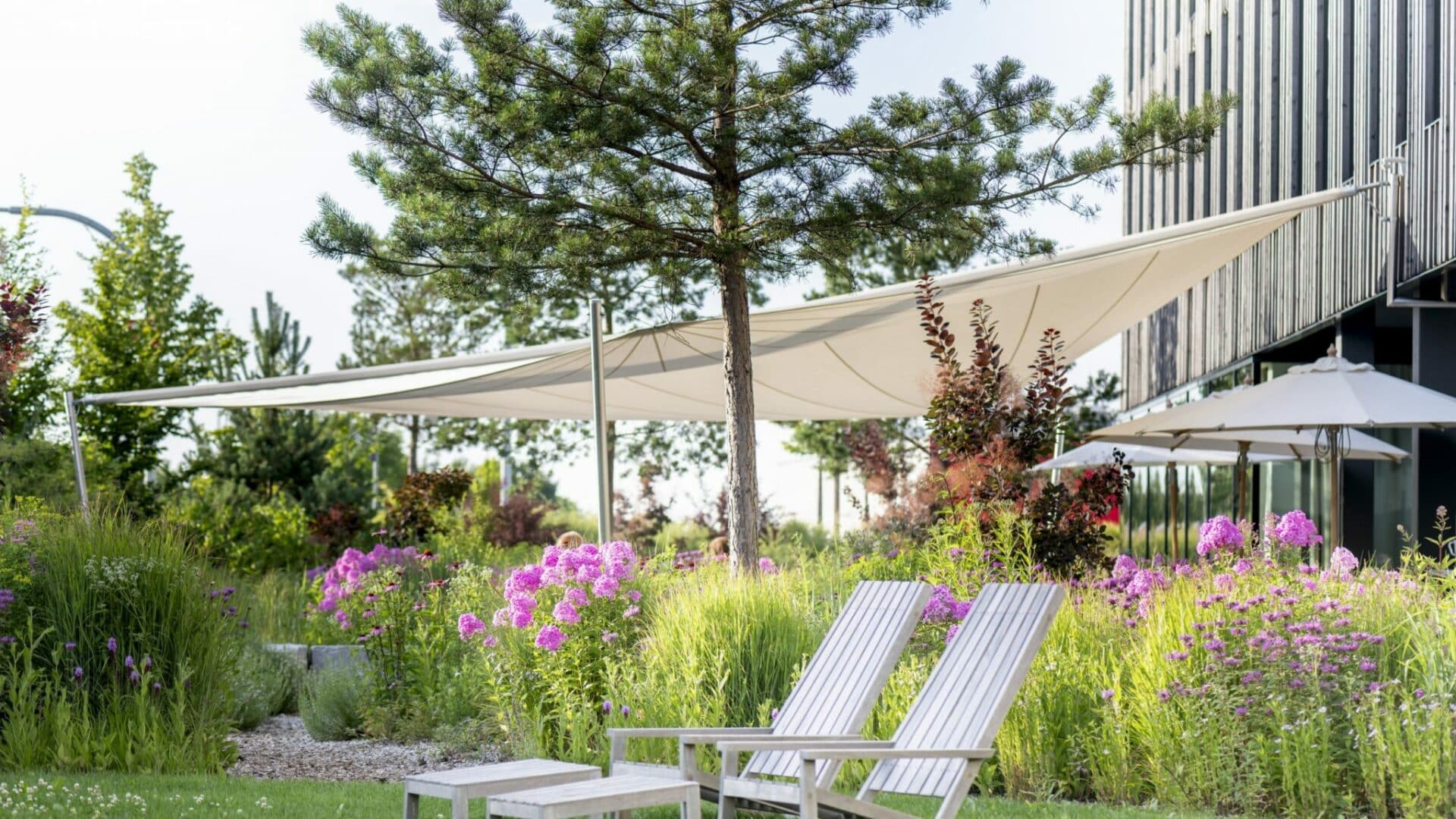 Garten mit Sonnenliegen im Hotel Bader