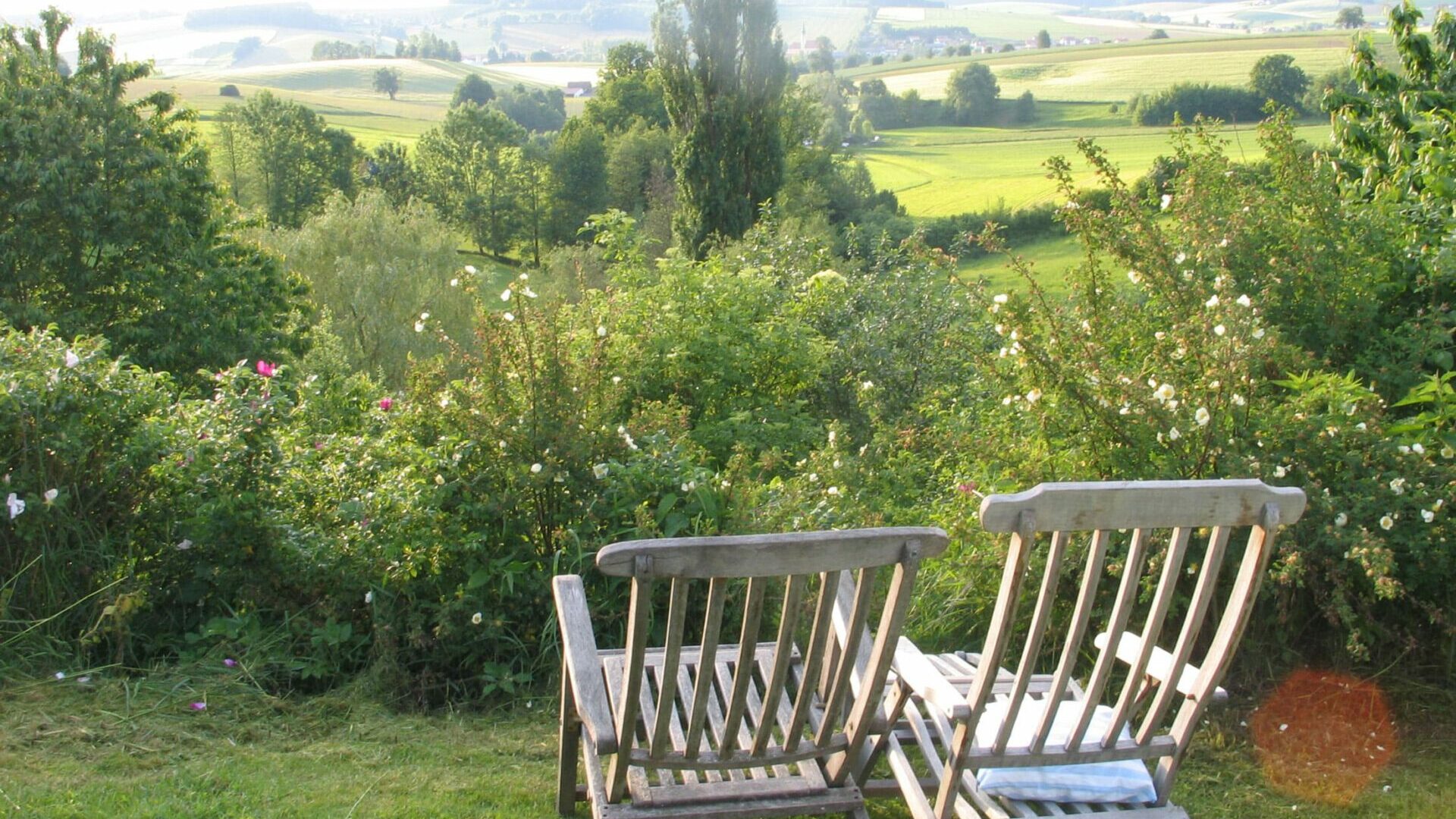 Holzstühle im Garten des Hof Grillenöd