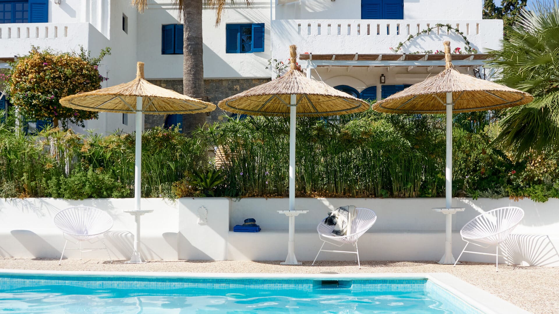 Pool mit Sonnenschirmen und -liegen im Ippocampi