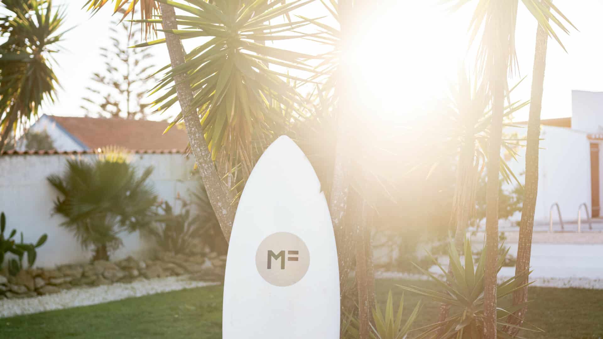 Surfboard lehnt an Palmen, Casa Quintas